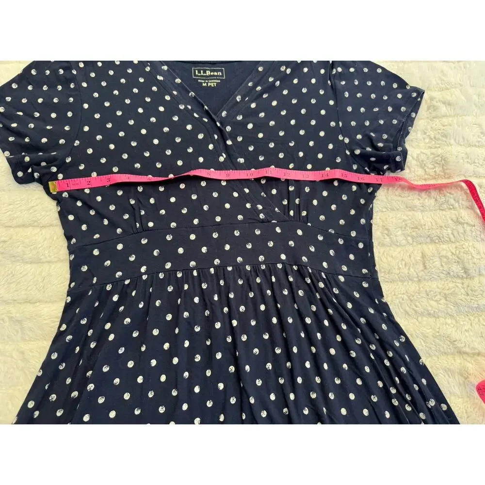 L.L.Bean Blue White Polka Dot Fit & Flare V-Neck Short Sleeve Dress M Pet - Picture 3 of 5